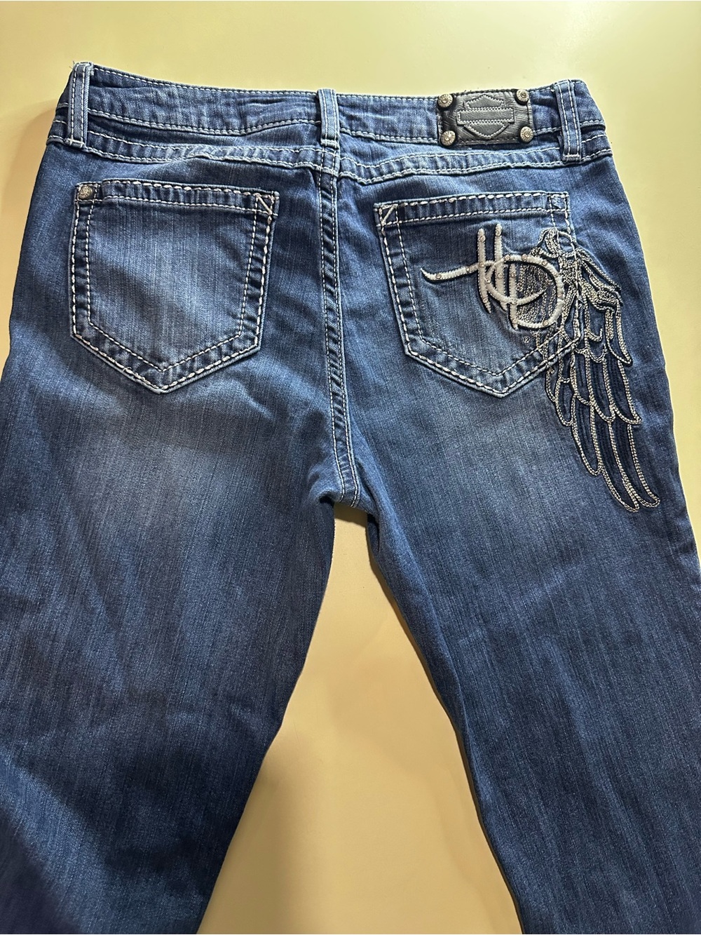 Harley-Davidson Blue Denim Wide Leg Jeans with Embroidered Wing. Very sexy!